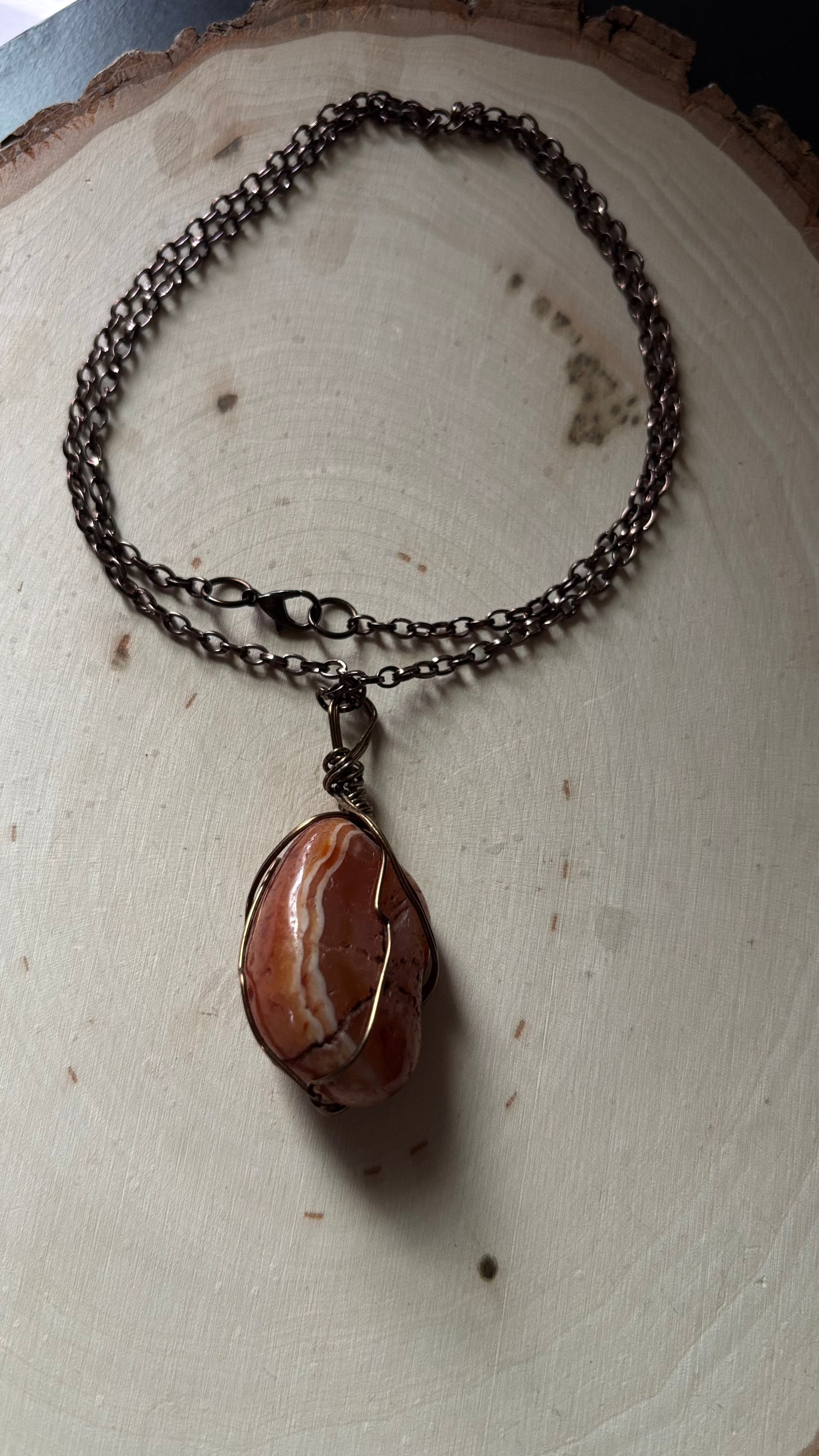 Carnelian wire wrapped pendant necklace