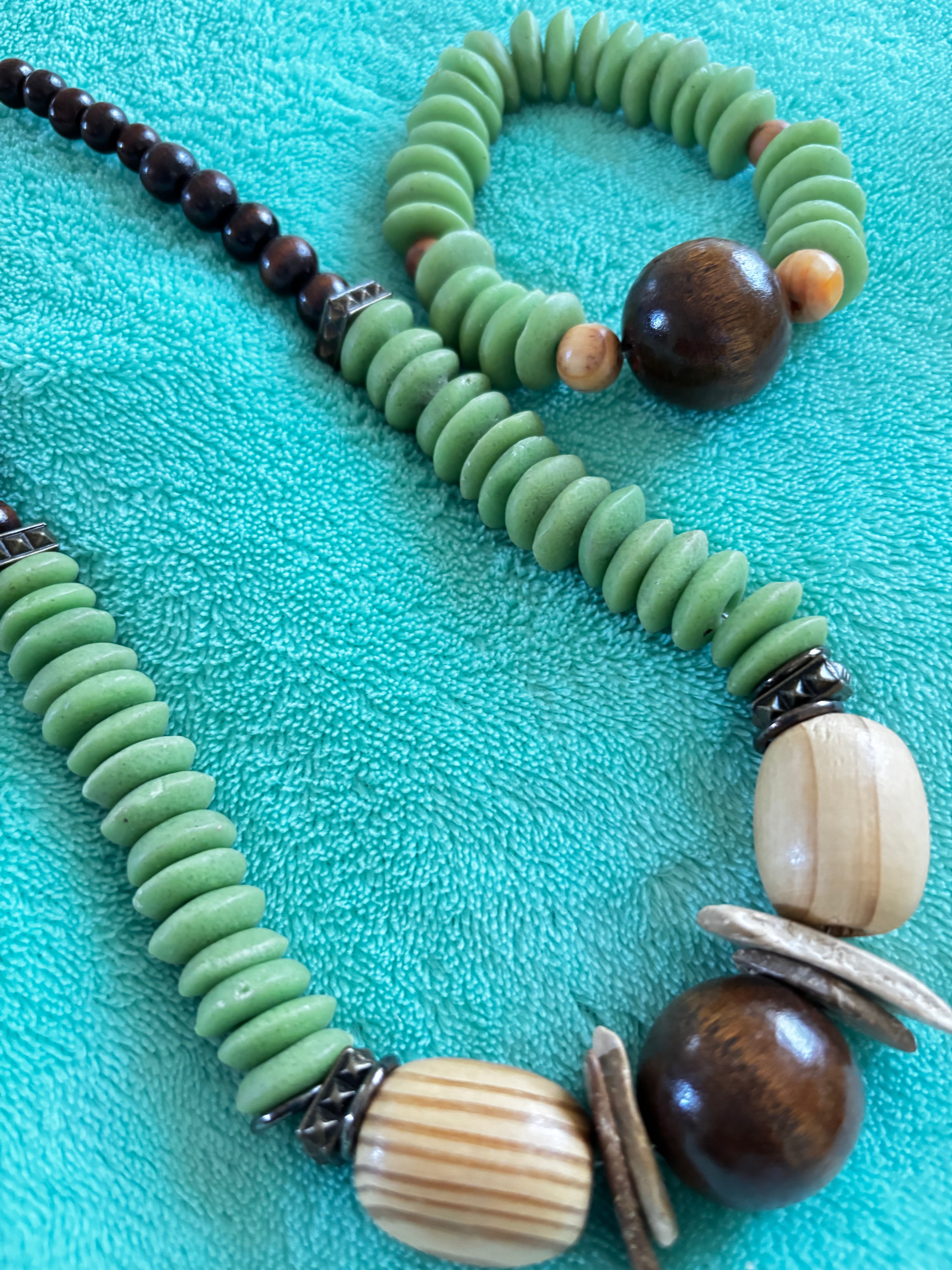 Green disk spacers and wood necklace/bracelet with coconut shell